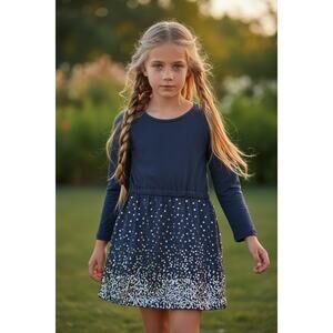 Crewcuts Navy Sequin Party Dress Girls Size 8 Long Sleeve Cotton Dress